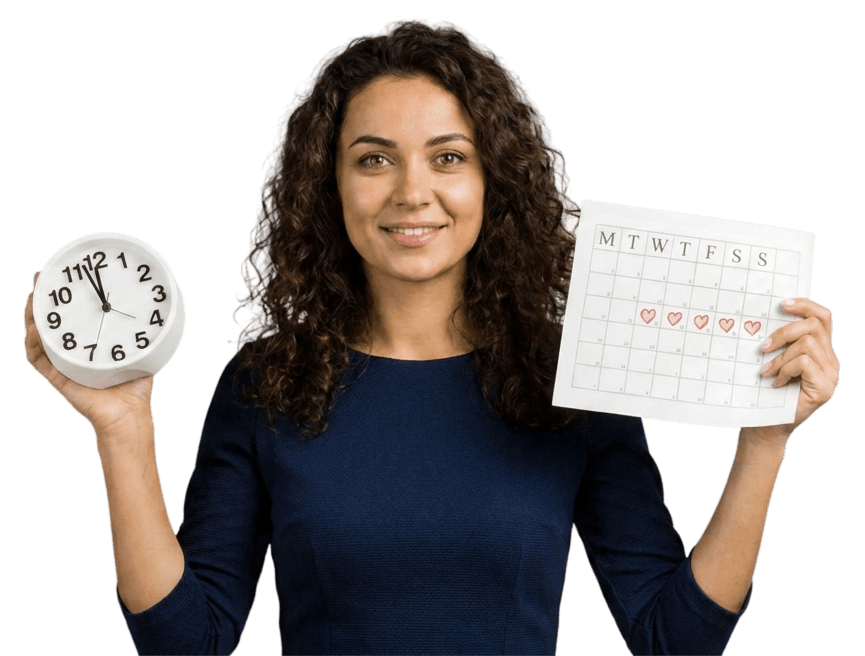 Woman holding a clock and calendar, planning her cycle